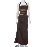 Women's Halter Neck See-Through Mesh Low Back Diagonal Gathered Long Dress
