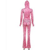 Women leopard print hooded Top and trousers two-piece set
