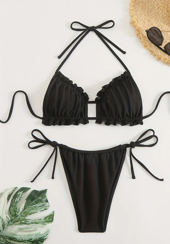 Solid Color Triangle Bikini Sexy Halter Neck Lace-Up Two Piece Low Waist Female Swimsuit