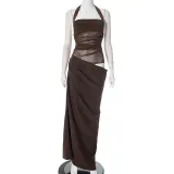 Women's Halter Neck See-Through Mesh Low Back Diagonal Gathered Long Dress