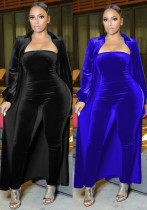 Sexy Velvet Strapless Women Jumpsuit Jacket Two Piece Set