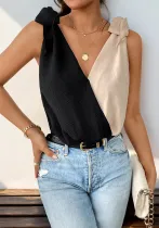 Contrast Color Patchwork Bodysuit Lace-Up Strap Sleeveless V-Neck Top