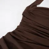 Women's Halter Neck See-Through Mesh Low Back Diagonal Gathered Long Dress