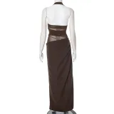 Women's Halter Neck See-Through Mesh Low Back Diagonal Gathered Long Dress