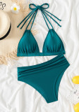 Sexy Beach Solid Color Two Piece Lace-Up Bikini Swimsuit