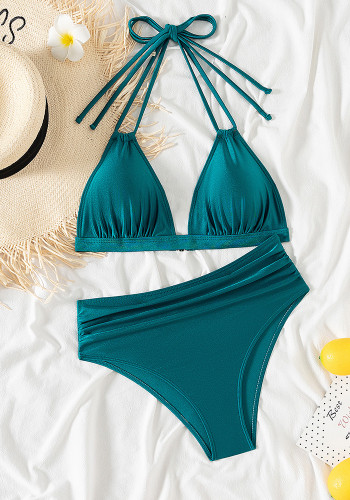 Sexy Beach Solid Color Two Piece Lace-Up Bikini Swimsuit
