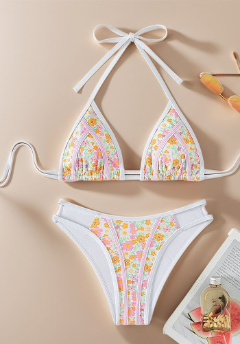 Women Lace Floral Print Sexy Two Pieces Triangle Bikini Swimsuit