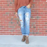 Light Color Tight Pants Women's Pants Street Mid-Waist Skinny Long Ripped Denim Trousers