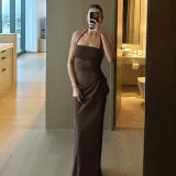 Women's Halter Neck See-Through Mesh Low Back Diagonal Gathered Long Dress