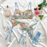 Sexy Lingerie Embroidery Floral Color Matching Bra Garter Set