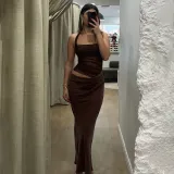 Women's Halter Neck See-Through Mesh Low Back Diagonal Gathered Long Dress