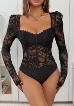 Spring Autumn Lace Patchwork Square Neck Black Bodysuit