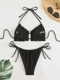 Solid Color Triangle Bikini Sexy Halter Neck Lace-Up Two Piece Low Waist Female Swimsuit