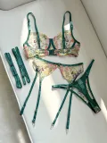 Sexy Lingerie Embroidery Floral Color Matching Bra Garter Set