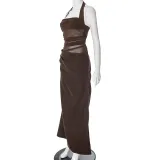 Women's Halter Neck See-Through Mesh Low Back Diagonal Gathered Long Dress