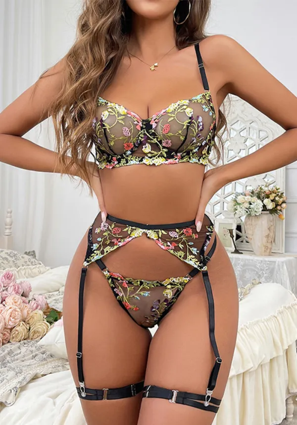 Sexy Lingerie Embroidery Floral Color Matching Bra Garter Set