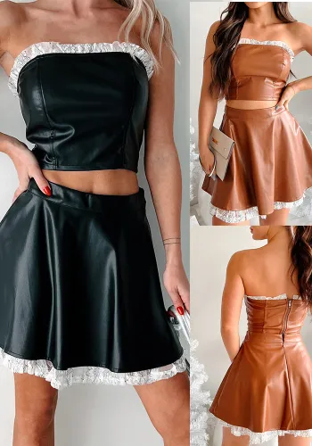 Women Sexy Lace Strapless Crop Top and Skirt pu Leather Two-Piece Set