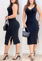 Women v-neck slit dress