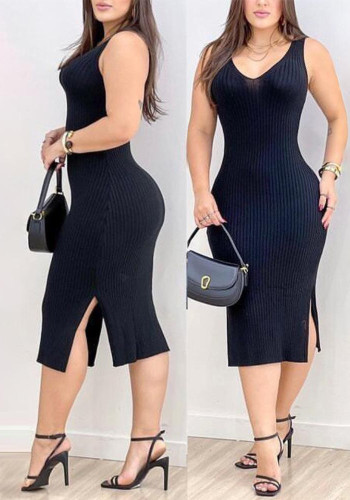 Women v-neck slit dress