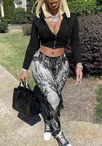 Women Casual Zipper Long Sleeve Top and Print Pants Two-Piece Set