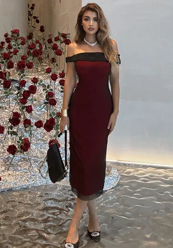 Women Sexy Off Shoulder Mesh Contrast Dress