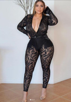 Plus size Women v neck lace long sleeve jumpsuit