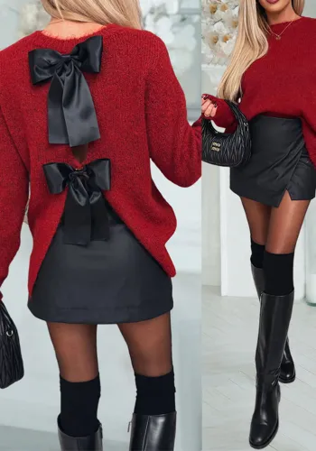 Women gray split bow casual sweater