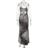 Women Summer Suspender Sexy Leopard Backless Lace-Up Dress