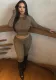 Women printed sexy stretchy long sleeve round neck top trousers two-piece set