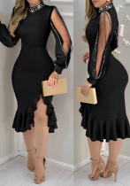 Women black beaded stand collar long sleeve mesh patchwork ruffle dress