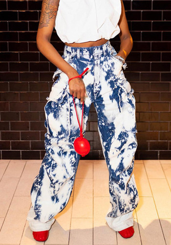 Street American Casual Cargo Pants Autumn And Winter Washed Tie-Dye Pocket Patchwork High Waist Straight Denim Trousers