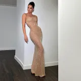 Women's Sexy Slim Rhinestone Chic Fishtail Strap Long Dress