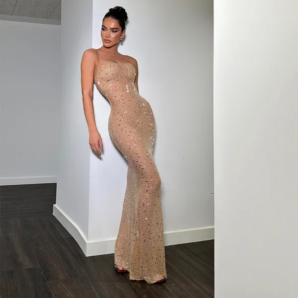 Women's Sexy Slim Rhinestone Chic Fishtail Strap Long Dress