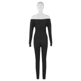 Spring Solid Color V-Neck Off Shoulder Knot Hollow Sexy High Waist Long Sleeve Jumpsuit