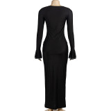Spring Solid Color Sexy Low-Cut Bell Bottom Sleeve Long Slim High Waist Women's Dress