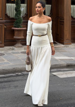 Spring Solid Color Off Shoulder Long Sleeve Slim Patchwork Long Dress