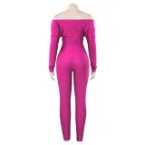 Spring Solid Color V-Neck Off Shoulder Knot Hollow Sexy High Waist Long Sleeve Jumpsuit