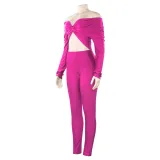 Spring Solid Color V-Neck Off Shoulder Knot Hollow Sexy High Waist Long Sleeve Jumpsuit