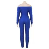 Spring Solid Color V-Neck Off Shoulder Knot Hollow Sexy High Waist Long Sleeve Jumpsuit