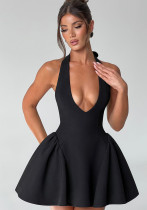 Spring Summer Sexy Deep V Halter Neck Dress Solid Color Slim Waist Women's A-Line Dress