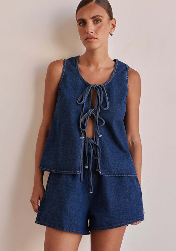 Summer Fashion Casual Sleeveless Tie Women's Denim Vest High Waist Shorts Two Piece Set