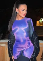 Spring Round Neck Long Sleeve Fashion Print Slim Short Dress