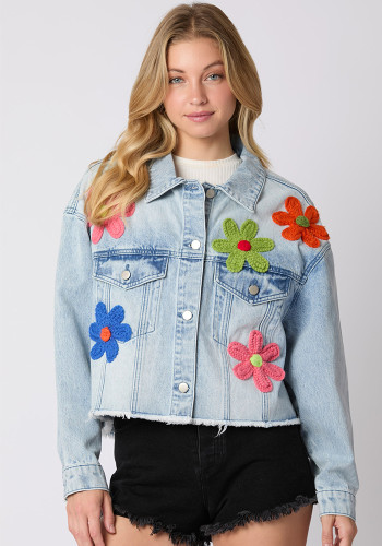 Spring Summer Style Multi-Color Flower Decoration Denim Jacket Women Long Sleeve Top