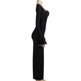 Spring Solid Color Sexy Low-Cut Bell Bottom Sleeve Long Slim High Waist Women's Dress