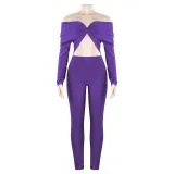Spring Solid Color V-Neck Off Shoulder Knot Hollow Sexy High Waist Long Sleeve Jumpsuit