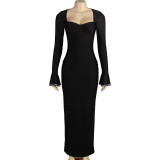 Spring Solid Color Sexy Low-Cut Bell Bottom Sleeve Long Slim High Waist Women's Dress