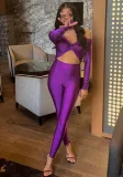 Spring Solid Color V-Neck Off Shoulder Knot Hollow Sexy High Waist Long Sleeve Jumpsuit