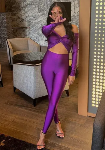 Spring Solid Color V-Neck Off Shoulder Knot Hollow Sexy High Waist Long Sleeve Jumpsuit