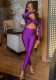Spring Solid Color V-Neck Off Shoulder Knot Hollow Sexy High Waist Long Sleeve Jumpsuit