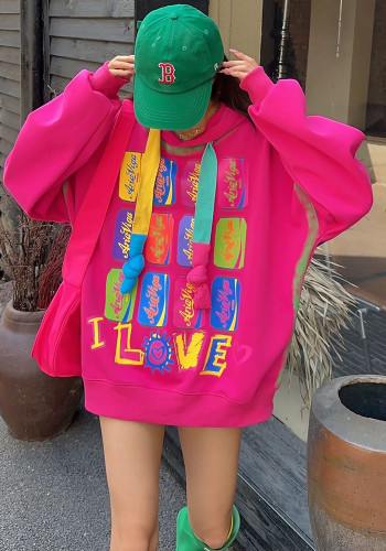 Fashionable Print Loose Hoodies Women's Autumn Hooded Top